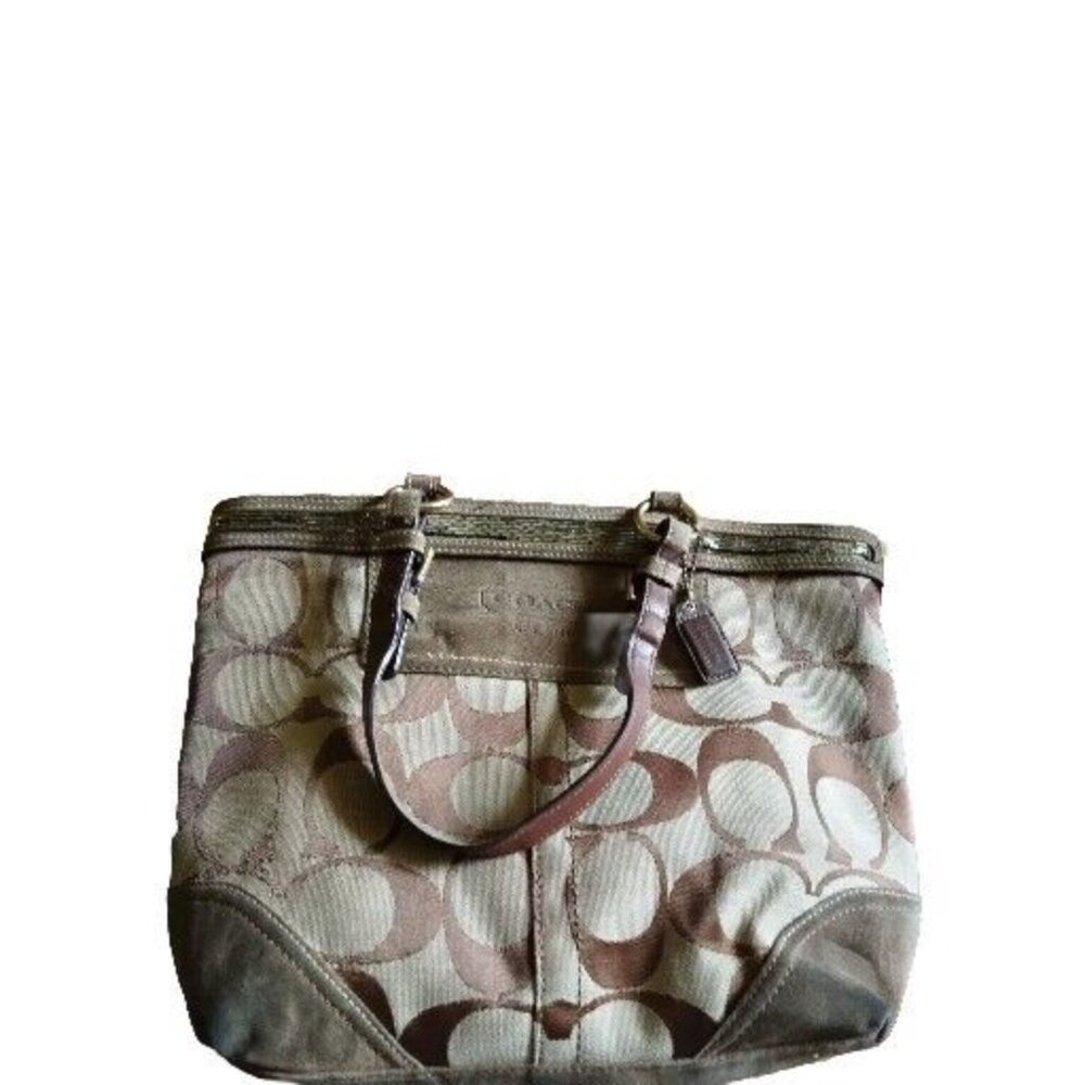 Coach Gallery Signature Khaki Suede Purse Beaded Tote Handbag Purse